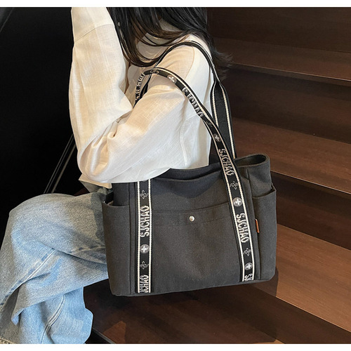 Cross-border canvas bag for women, large capacity, 2025 new style, popular versatile casual single-shoulder shopping bag, tote bag for college students
