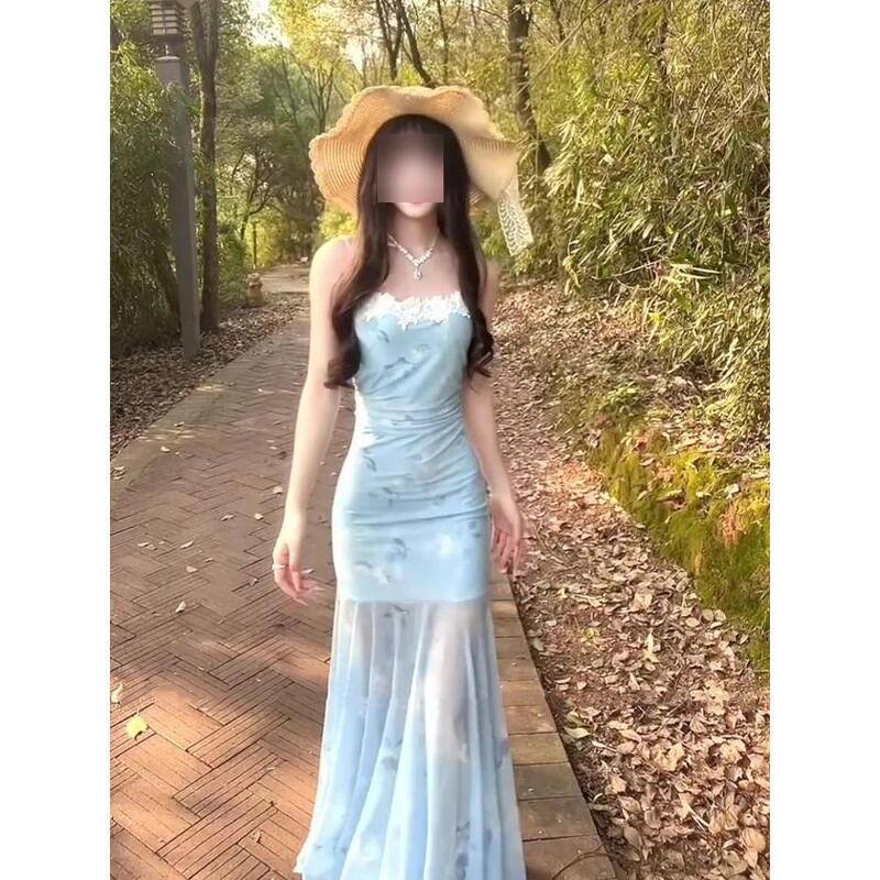 Blue Mesh Floral Suspender Dress for Women Summer Seaside Vacation Beach Dress Slim Fit Hip-Hugging Fishtail Long Skirt