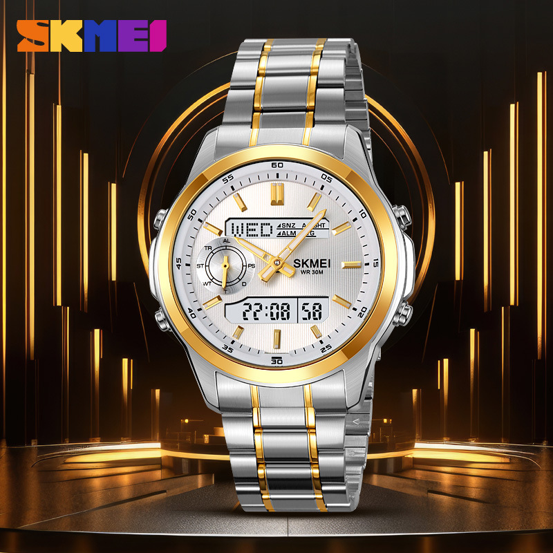 Time Beauty Luminous Fashion Dual-Display Electronic Watch Multi-Functional Steel Band Watch Men's Business Simple Pointer Quartz Watch