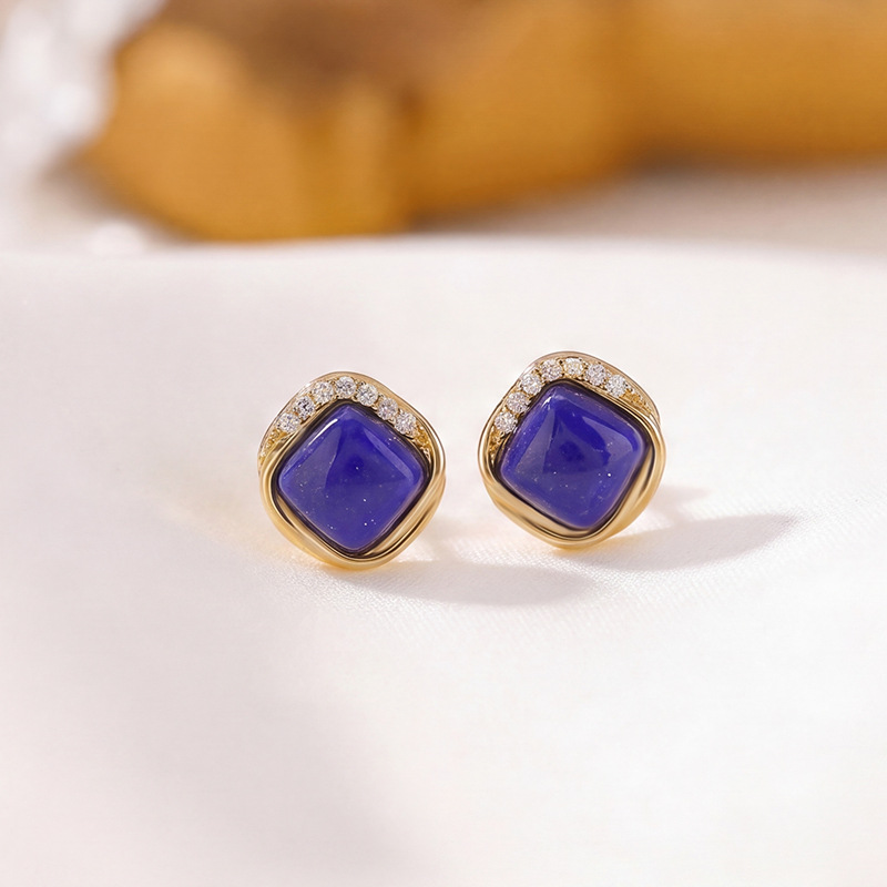 Bông tai bạc S925 đính đá lapis lazuli hình vuông phong cách — Xanh lapis lazuli