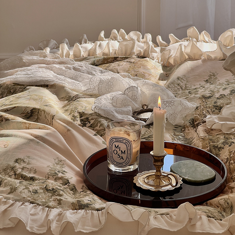 Nordic Vintage Four Piece Bedding Set Pure Cotton Princess Style_voghion.com