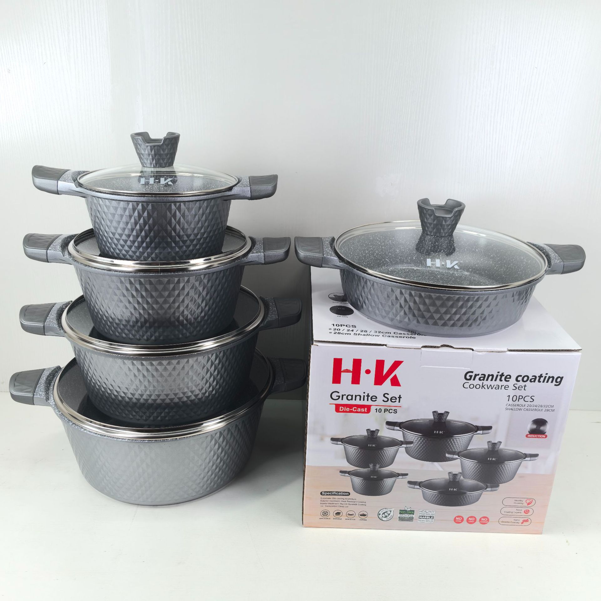 Juego de 10 piezas de utensilios de cocina antiadherentes de mármol con un pequeño patrón de diamantes, juego de ollas de aluminio con revestimiento de piedra Maifan, olla de fundición a presión para cocina de inducción. image 8