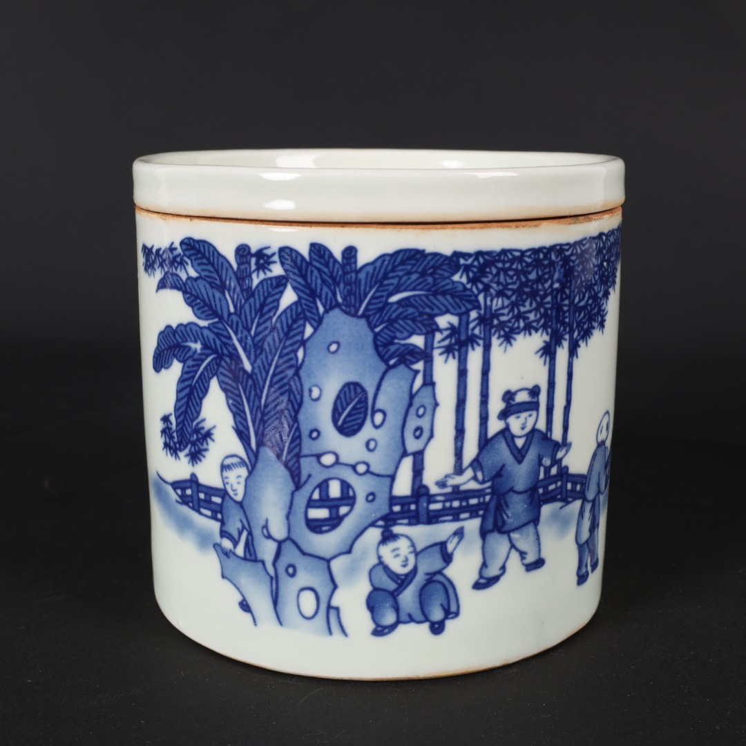 仿古董瓷器青花婴戏图纹蛐蛐罐摆件古玩收藏青花老胎底罐子