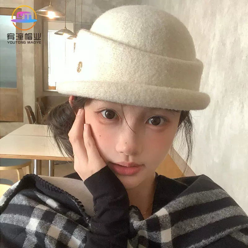 赫本风礼帽女秋冬法式复古优雅千金风高级感卷边黑色渔夫帽显脸小