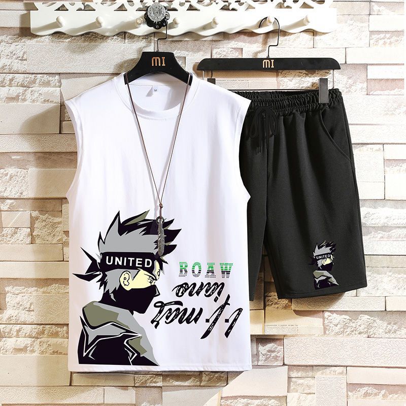 Deportes y ocio hombres traje de verano nueva juventud suelta más cuello redondo chaleco shorts set guapo partido