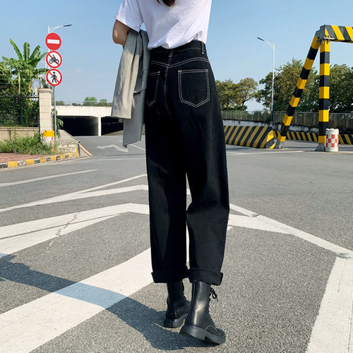 Black straight-leg wide-leg jeans for women with high waist, loose and slimming, covering the hips, nine-tenths pants, small students, Korean style, versatile 