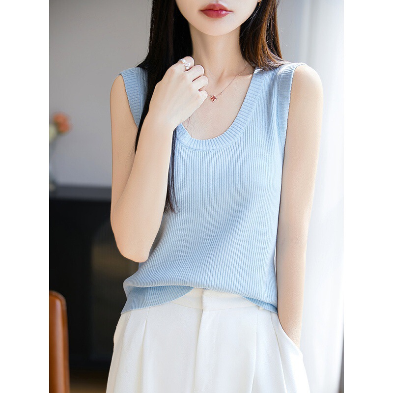 New Style Curved Bead Ice Silk Thin Vest for Women, U-Neck Camisole Sleeveless Inner Knit Fashionable Slimming Base Shirt