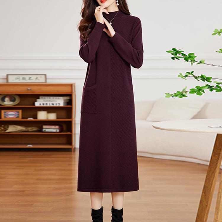 羊毛连衣裙女宽松秋冬配大衣针织半高领中长款过膝加厚毛衣打底裙|undefined