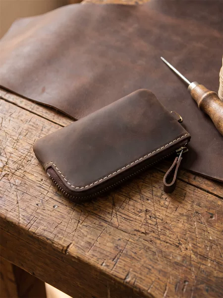 Men's Short Genuine Leather Zipper Small Wallet Crazy Horse Leather Coin Purse First Layer Cowhide Key Bag Men's Key Bag
