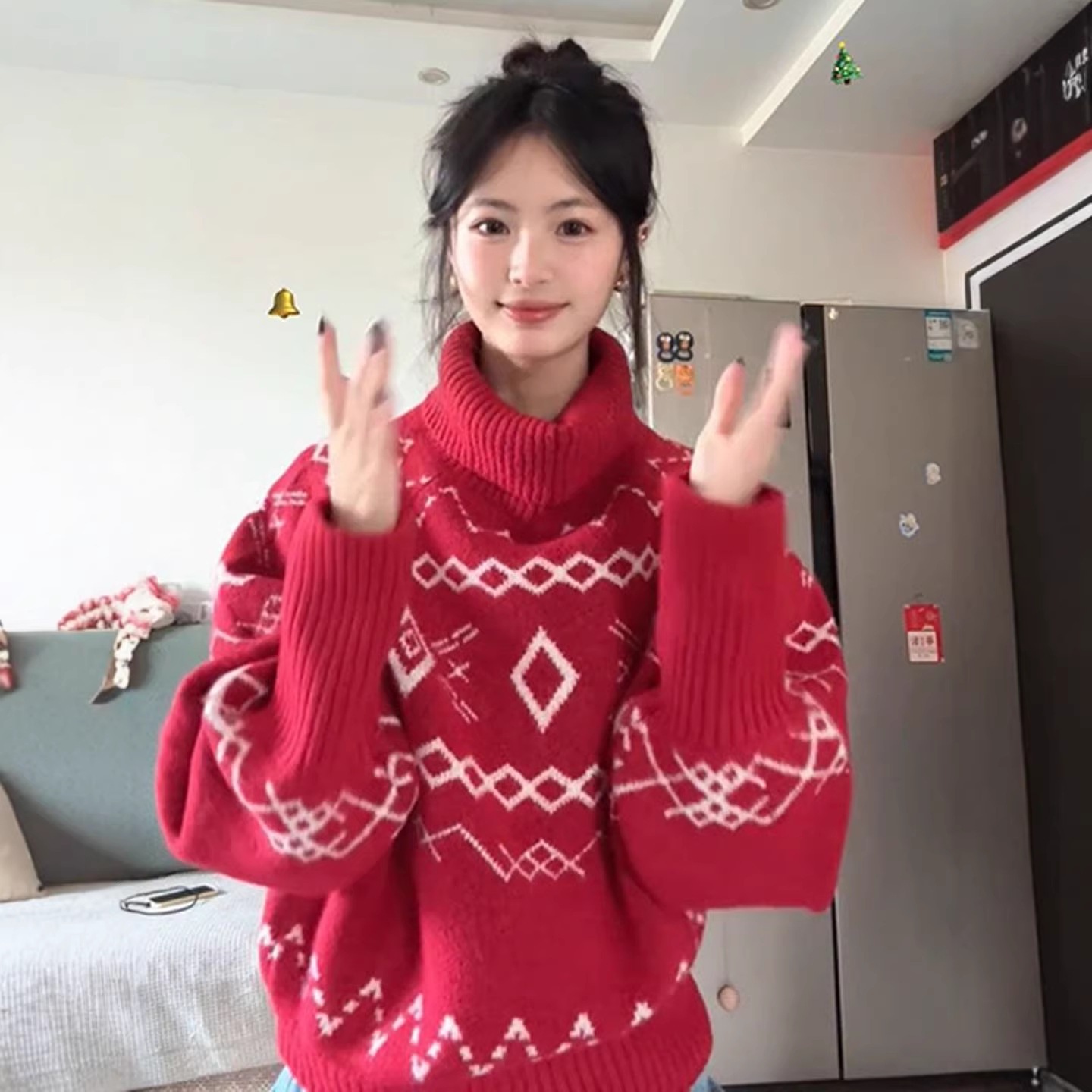 新年法式温柔红色高领针织衫毛衣女冬季休闲少女风提花上衣服女装