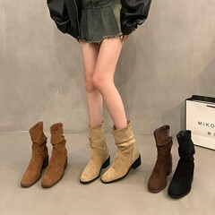 复古堆堆靴女2025年秋季新款薄款卡其色马丁靴粗跟拍照牛仔短靴女
