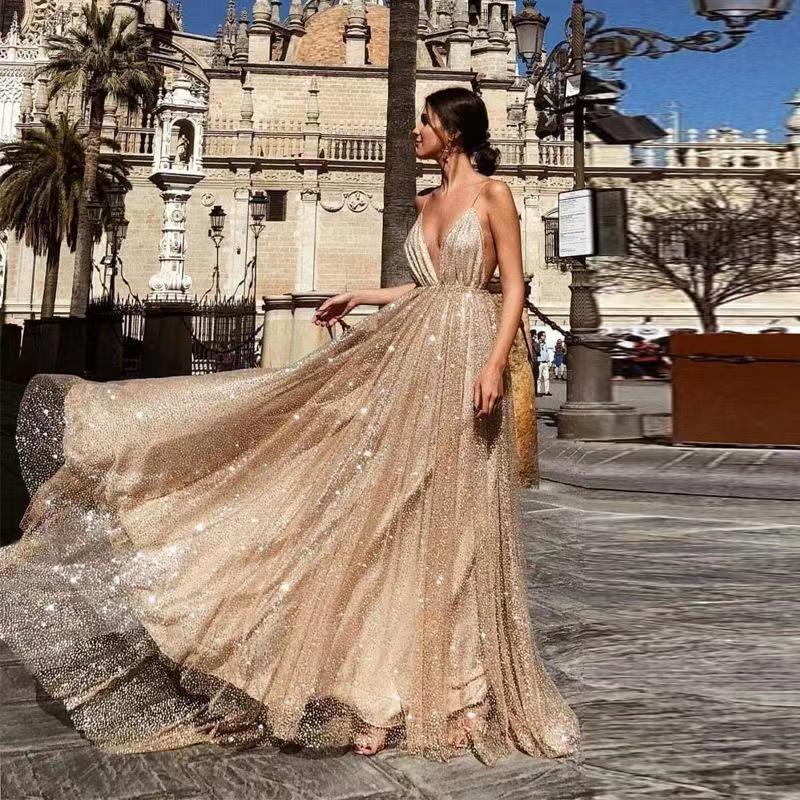 Europa y América del Comercio Exterior Amazon AliExpress deseo estación independiente nueva sexy con cuello en V Correa larga backless vestido de noche