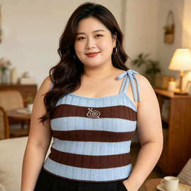 大码条纹吊带背心女夏季外穿内搭打底百搭针织无袖上衣胖mm遮肚子