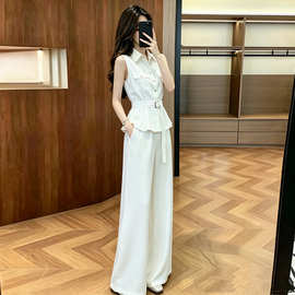 淡人高知穿搭一整套棉麻高端老钱风白色无袖衬衫阔腿裤两件套装女
