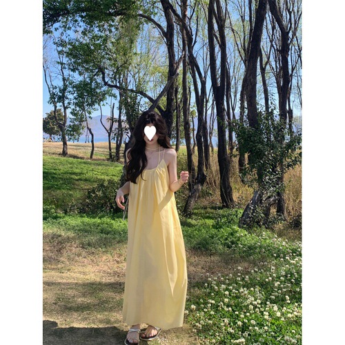 French yellow spaghetti strap dress women's summer beach vacation style clothing dress loose A-line long dress
