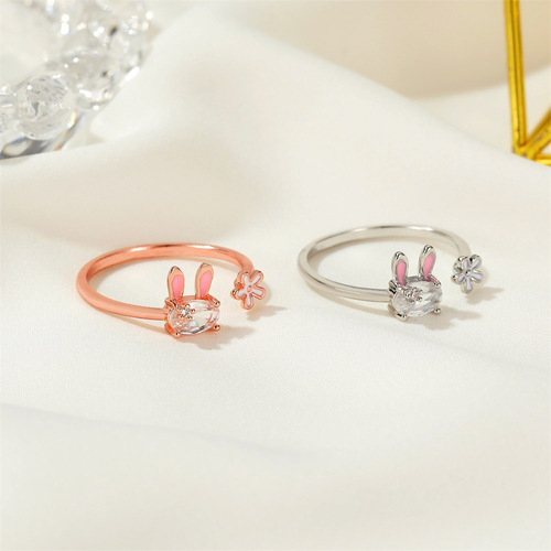 Japanese and Korean cute bunny ring, sweet girly heart flower index finger ring for girls ins internet celebrity open ring