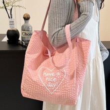 韩款泡泡粉格肌理感少女心单肩包女大学生早八上课逛街购物托特包