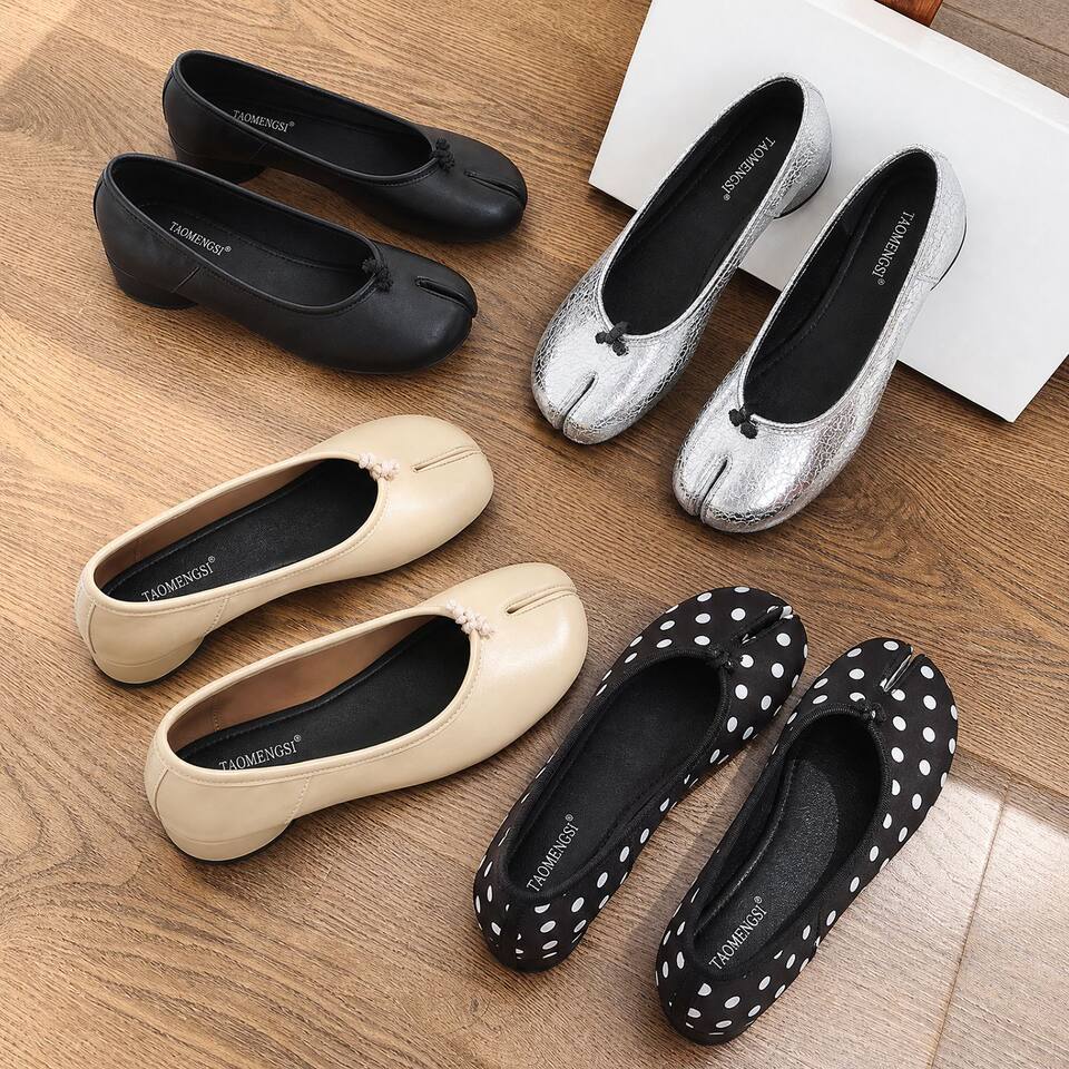 Giày búp bê nữ mũi tách ngón gót thô 3–6 cm, kiểu Mary Jane thời trang, dễ xỏ chân — bạc, màu mơ, Điểm sóng Đen, đen