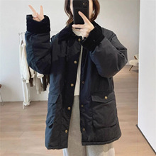 大口大工装棉服女 2025冬新款韩版宽松休闲翻领中长款棉衣外套