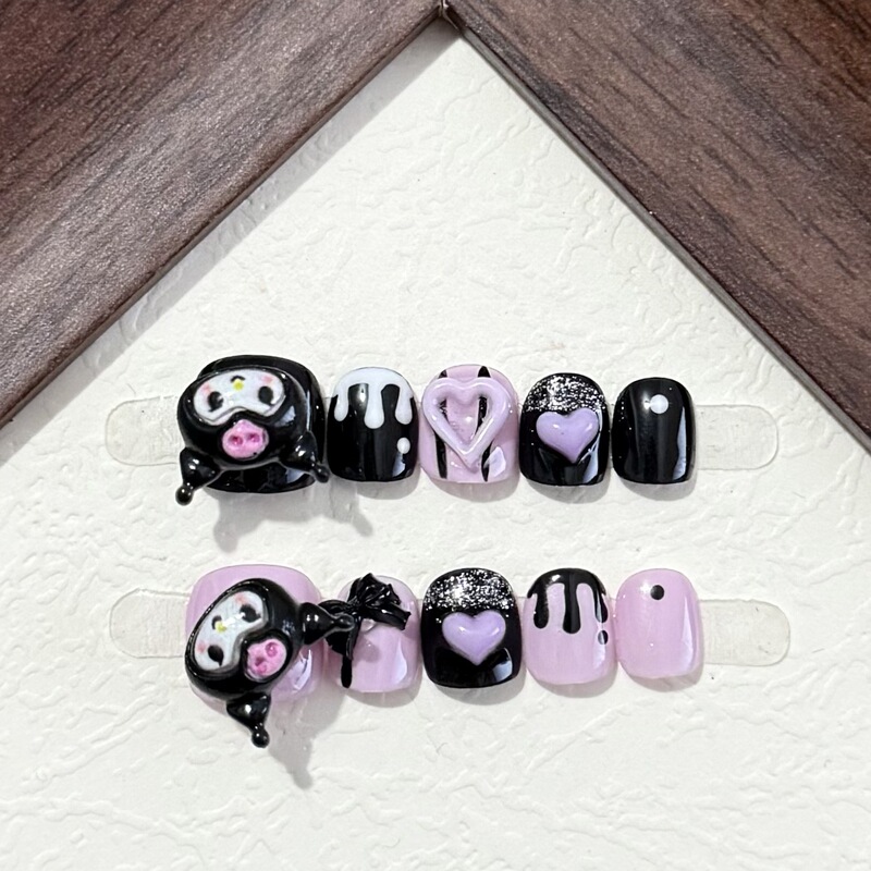[Rotatable] Children's Pure Handmade Wearable Nails, Sweet and Cool Kuromi Nail Art Cartoon Stickers, Handmade Short Nails