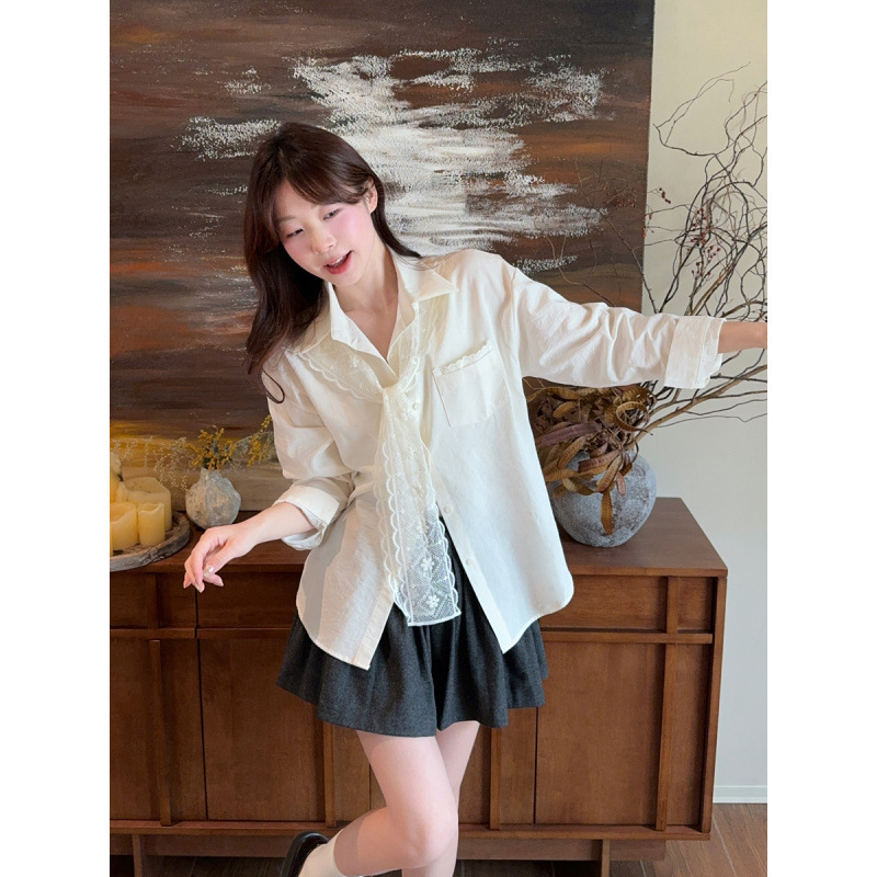 Fat Qiqi plus size Early Spring Design Simple All-match Solid Color Long Sleeve Shirt Top Shirt Women's Lace Shawl