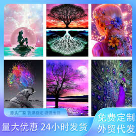 跨境外贸5D钻石画月亮倒影树星空女孩风景diy手工钻石画玄关装饰