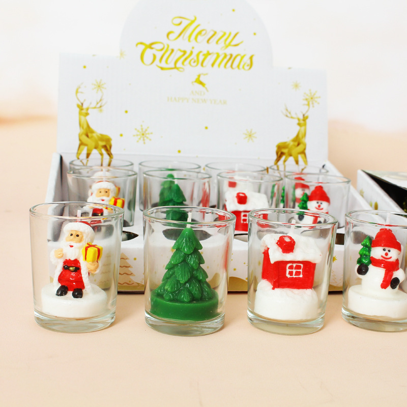 12 cajas de vidrio vela romántica vela artesanal pintado muñeco de nieve viejo árbol de Navidad tealight vela de Navidad