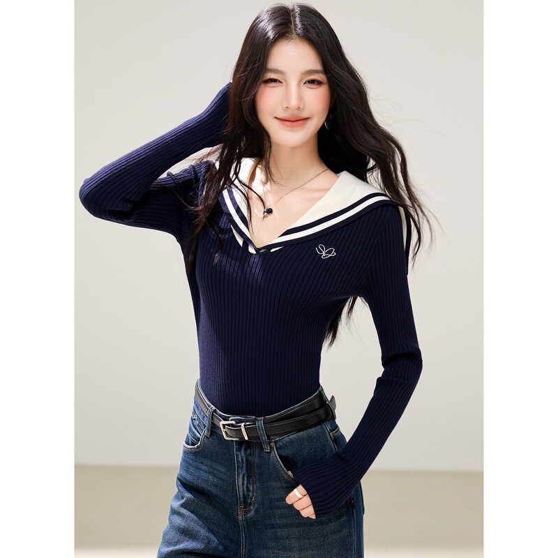 ◆ Yes ◆ Chic embroidered navy collar knit sweater for autumn, slim fit, versatile, slimming, casual top ◆ Yes ◆ Chic embroidered navy collar knit sweater for autumn, slim fit, versatile, slimming, casual top