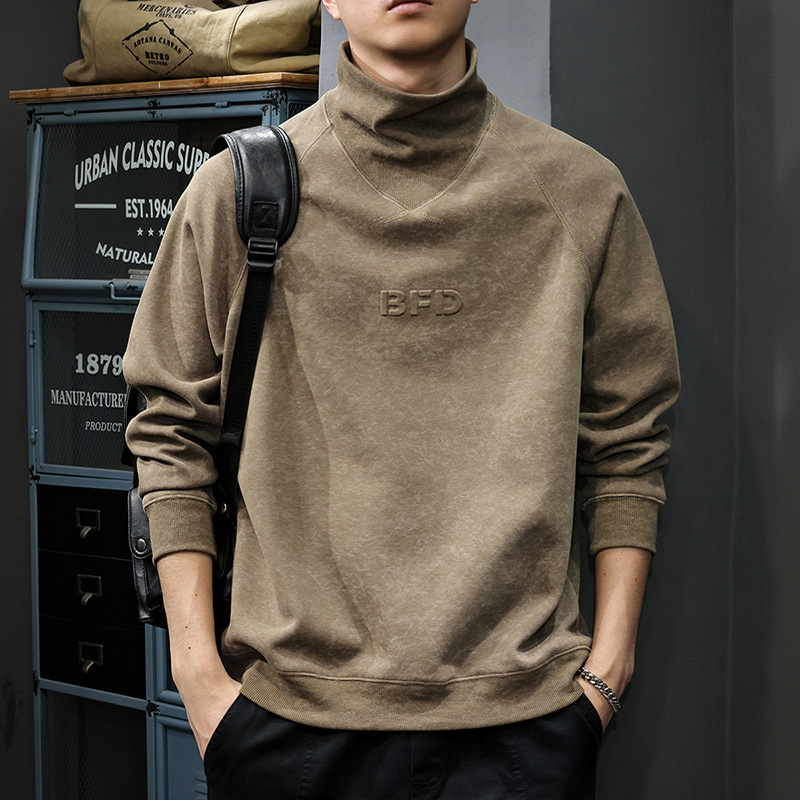 Autumn Letter Stamped Design High Collar Sweater Men's American Style Retro Tie-Dye Washed Loose plus size Base Shirt Trendy Autumn Letter Stamped Design High Collar Sweater Men's American Style Retro Tie-Dye Washed Loose plus size Base Shirt Trendy