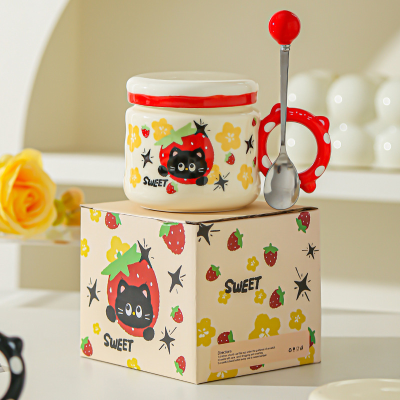 Regalo de cumpleaños Taza de dibujos animados para novias Taza de cerámica con tapa Regalo de mano Taza de agua para gatos lindos