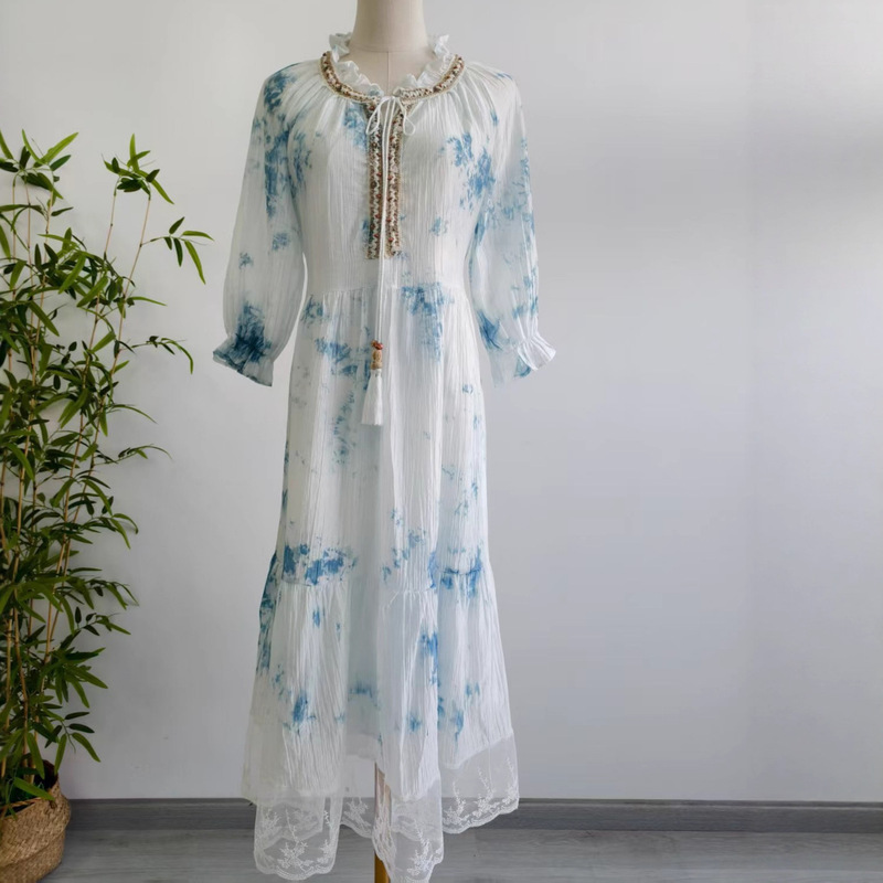 Dali Handmade Tie-Dye Skirt Ethnic Style Dress Summer Casual Vacation Gradient Blue Dyed Seven-Pink Sleeve Dress Dali Handmade Tie-Dye Skirt Ethnic Style Dress Summer Casual Vacation Gradient Blue Dyed Seven-Pink Sleeve Dress