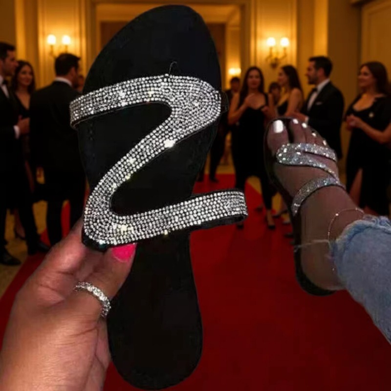 W Rhinestone Flat Slippers Diamond Ladies Shoes Women Slippers