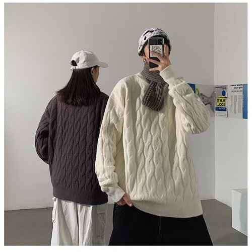 Men's Cable Knit Cardigan Sweater with a Relaxed and Trendy Hong Kong Style, Couples' Set, Comfortable, Casual, Round Neck, Autumn/Winter Base Layer Top