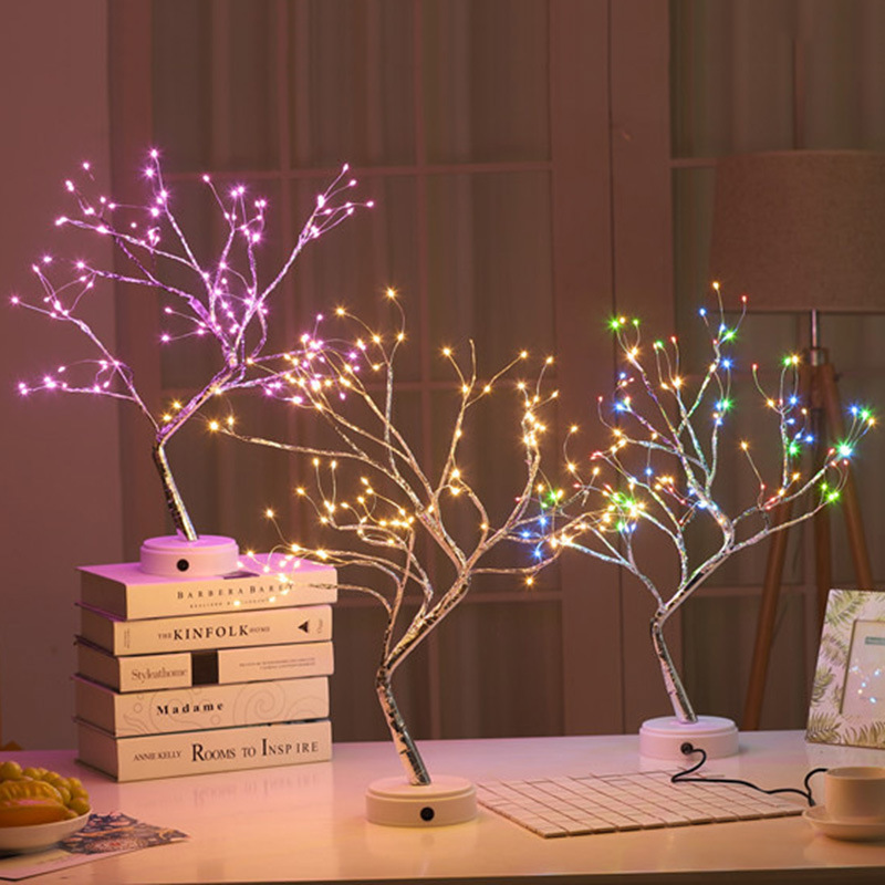 Amazon transfronterizo llevó la luz del árbol USB batería de doble propósito horizontal decorativo luz de la noche estrellada alambre de cobre luz del árbol en stock