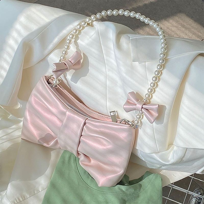 Girl's Pearl Bow Underarm Bag 2025 New Fairy Bag Korean Version Single Shoulder Handbag Crossbody Bag Baguette Bag Girl's Pearl Bow Underarm Bag 2025 New Fairy Bag Korean Version Single Shoulder Handbag Crossbody Bag Baguette Bag
