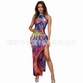 设计感Bling水钻网纱开叉连衣裙晚会红毯礼服走秀舞台演出彩颜料