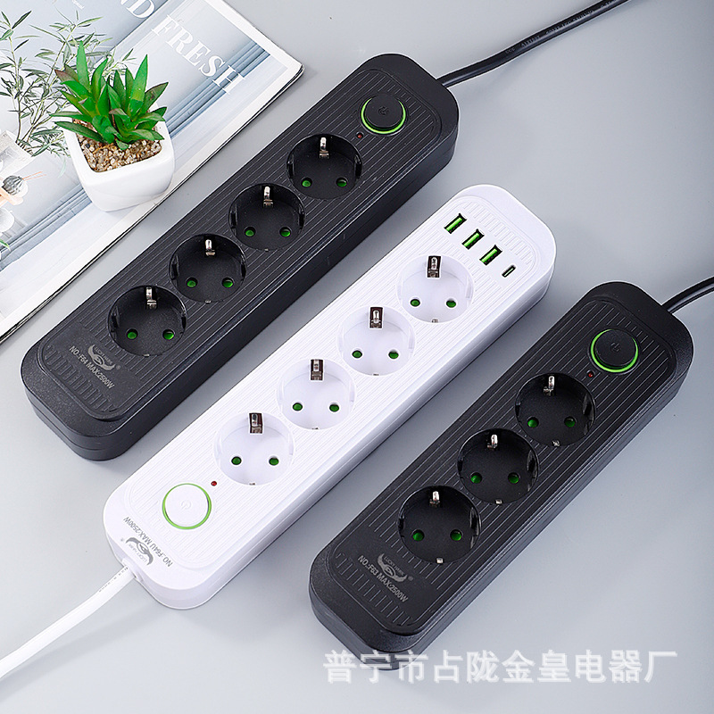 Negro europeo estándar europeo dos puertas de seguridad a tierra USB-C carga 2.1A enchufe de fila