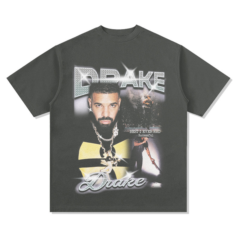 Drake hip hop rap americano street fashion estampado vintage hecho viejo lavado pesado suelto mangas cortas