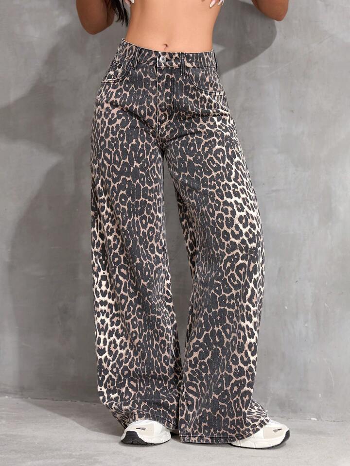 Cross-Border Trendy Brand Leopard Print Straight-Leg Casual Pants Long Pants 2025 Early Spring American Retro Design Jeans