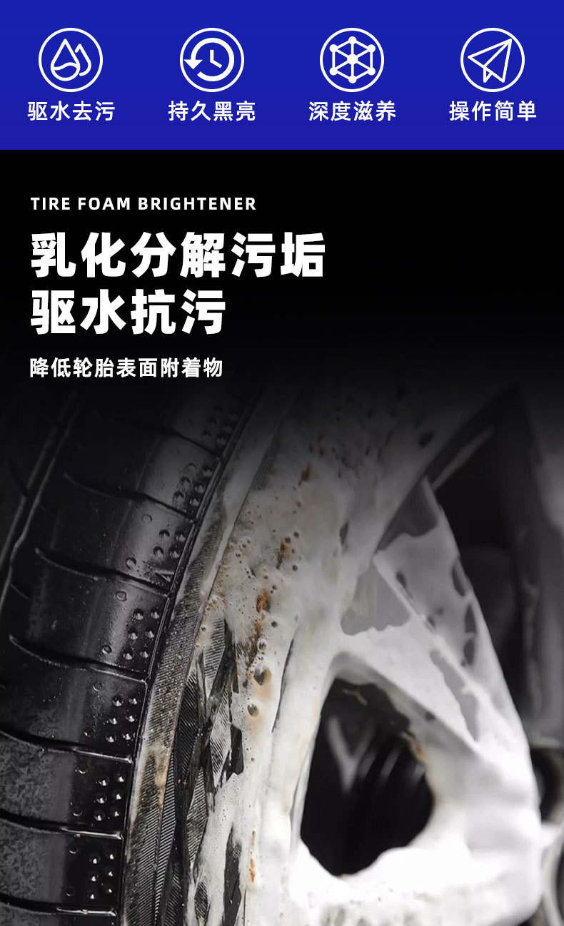 Car Tire Wax Decontamination, Polishing and Brightening Cleaning Agent, Anti-Aging, Blackening and Durable Maintenance Tire Foam Brightener
