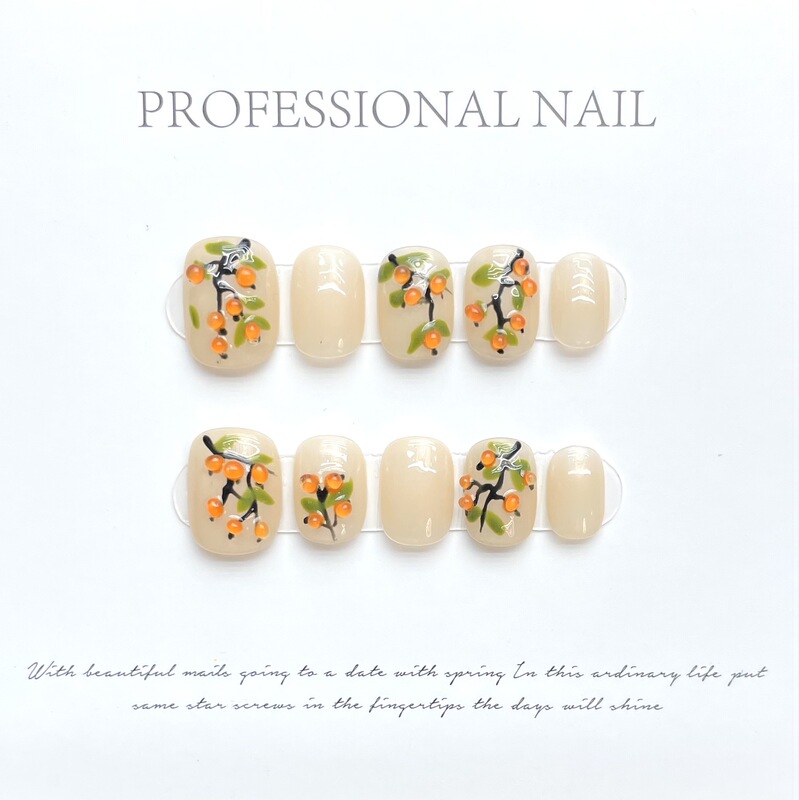 Persimmon Ruyi National style heavy industry three-dimensional watercolor painting pure hand-painted detachable wearable nail detachable fake nail Persimmon Ruyi National style heavy industry three-dimensional watercolor painting pure hand-painted detachable wearable nail detachable fake nail
