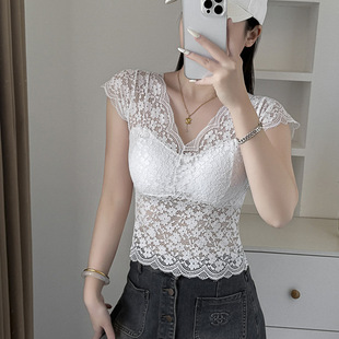 Lace Short-sleeved T-shirt with Chest Pad Women's Summer Slim-fit Base Outer Wear All-match Mid-length Sexy V-neck Japanese-Korean Casual