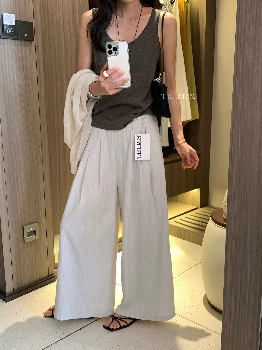 Quần ống rộng nữ vải linen phối cotton dáng suông mùa hè — Xám gạo, Xanh xám nhạt, Xanh đen, Cam bí ngô chi tiết 42