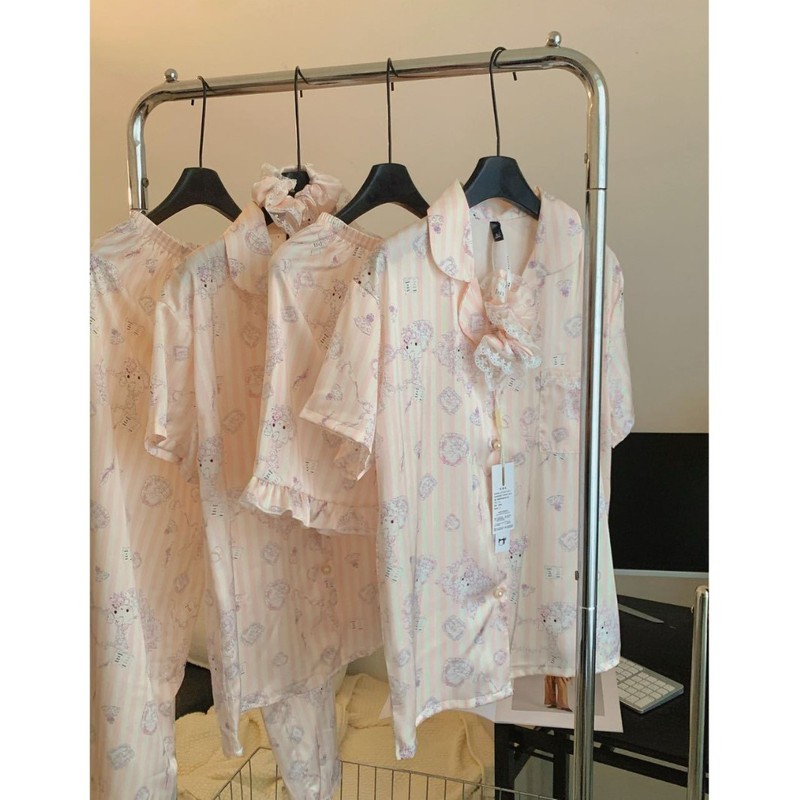 KALUANNIAO ballet kitty cat three-piece short sleeve shorts pants hair ring ice silk home clothes