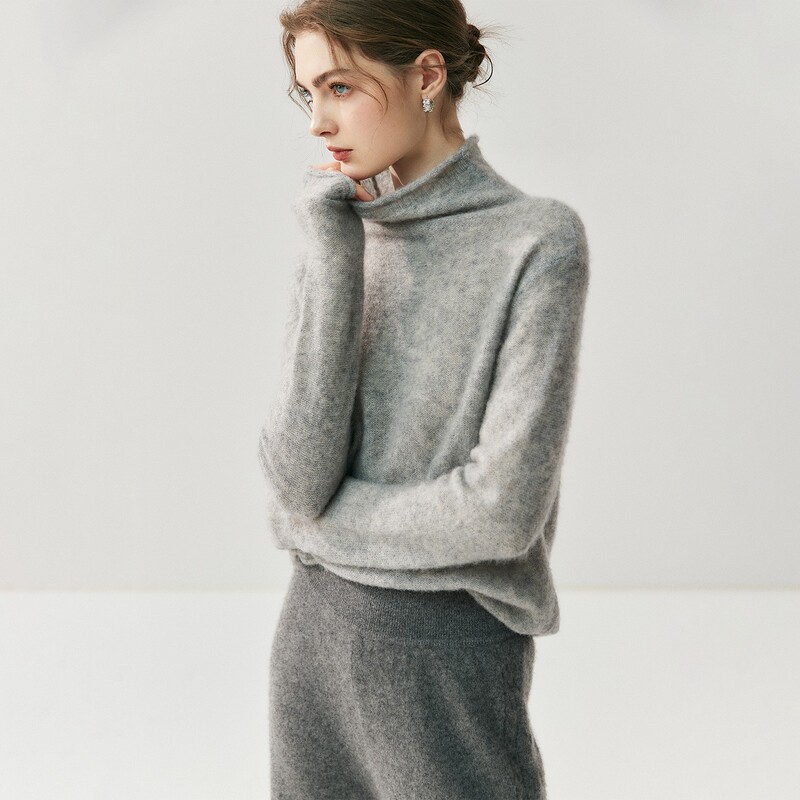 Cloud Texture ~ Pile Collar Baby Mulberry Silk Cashmere Women's Slimming Look Inner Long-Sleeved Pullover Sweater Bottoming Shirt