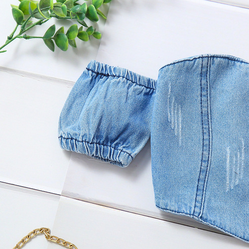 Alibaba.com Hot Selling Foreign Trade Children's Apparel: Strapless Short Sleeve Tied String Bustier Top + Denim Frayed Pants + Belt