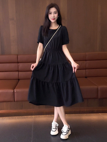 Summer Short-Sleeve Dress for Women, Medium-Long Length, 2025, Elegant, Slimming, Waist-Clinching, Fashionable, High-Waist Round Neck Dress