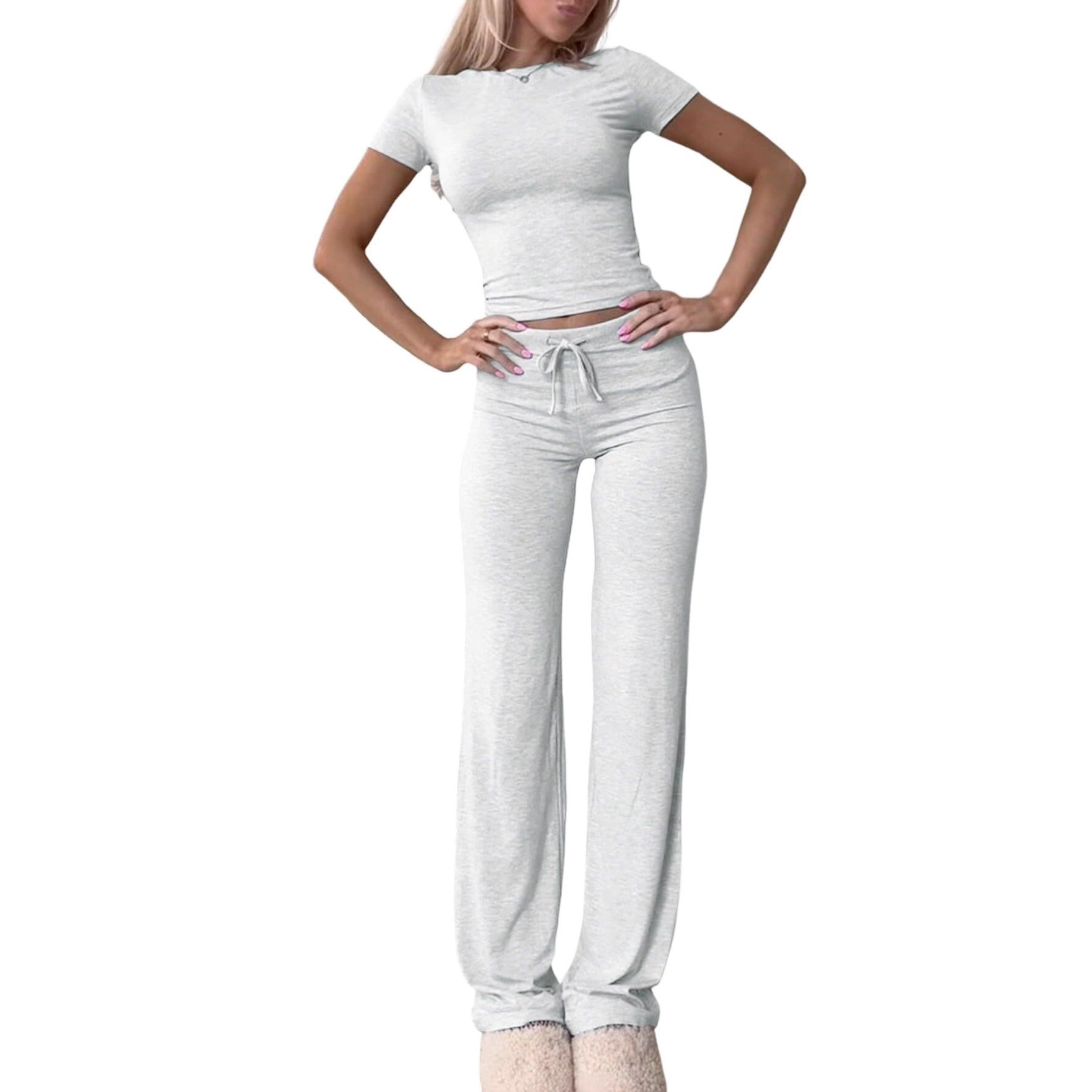 2025 European And American Cross-Border New Casual Set Short Sleeve Top Long Pants Homewear Sportswear Yoga Wear_ecoleips.com