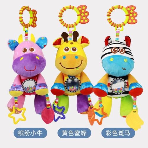 Stroller hanging plush toy Baby cartoon animal wind chime with teether ring bead bedside pendant