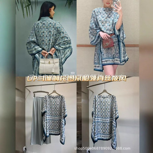 Summer New Fashion Elegant Mulberry Silk Scarf Thistle Flower Print Boat Neck Cape Silk Cape